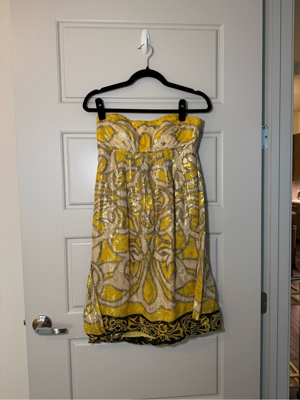 Nicole Miller Yellow Strapless Patterned Dress with Metallic Detail
